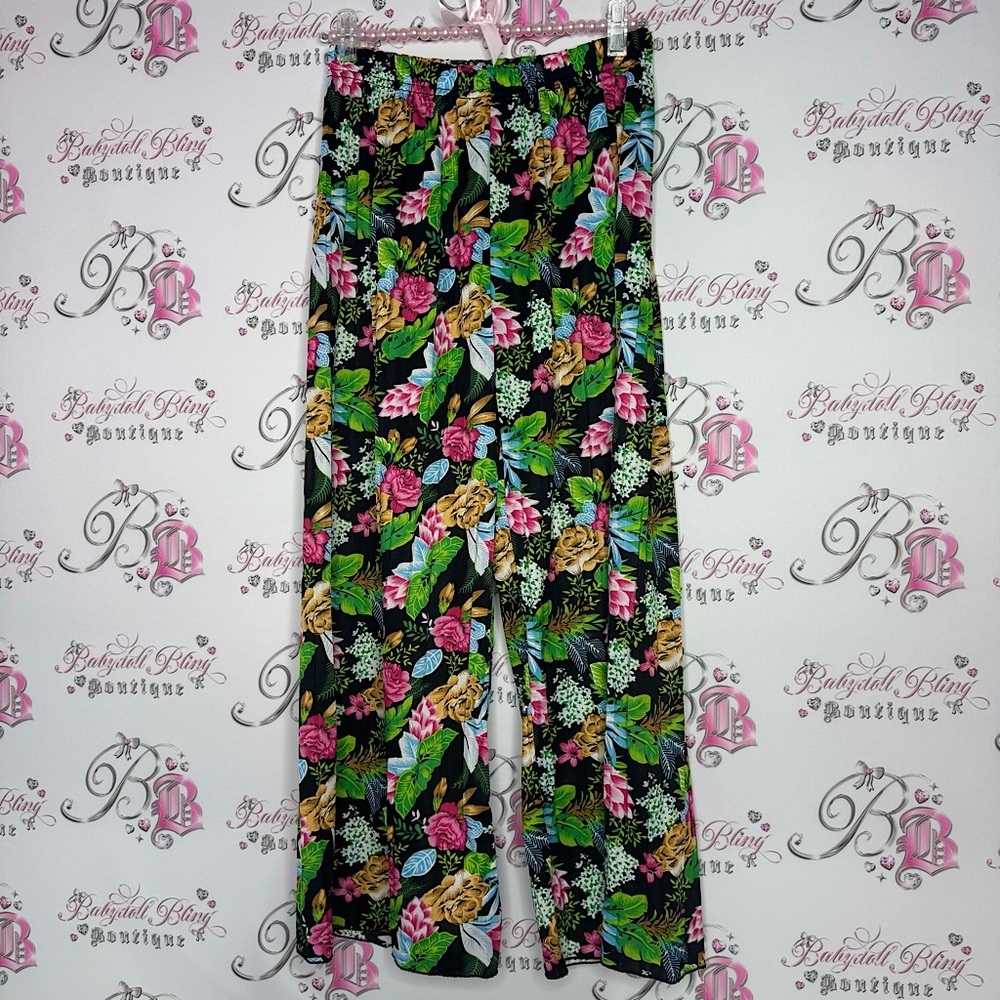 Floral pants pleated neon flowers stretchy flare leg high waist cute lightweight